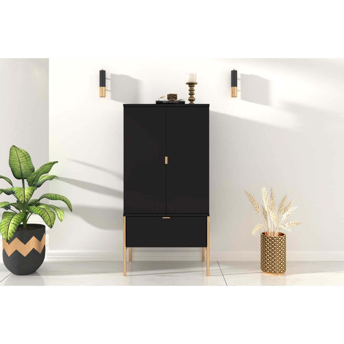Wysoka elegancka czarna komoda Skandica POLKA na złotych nóżkach