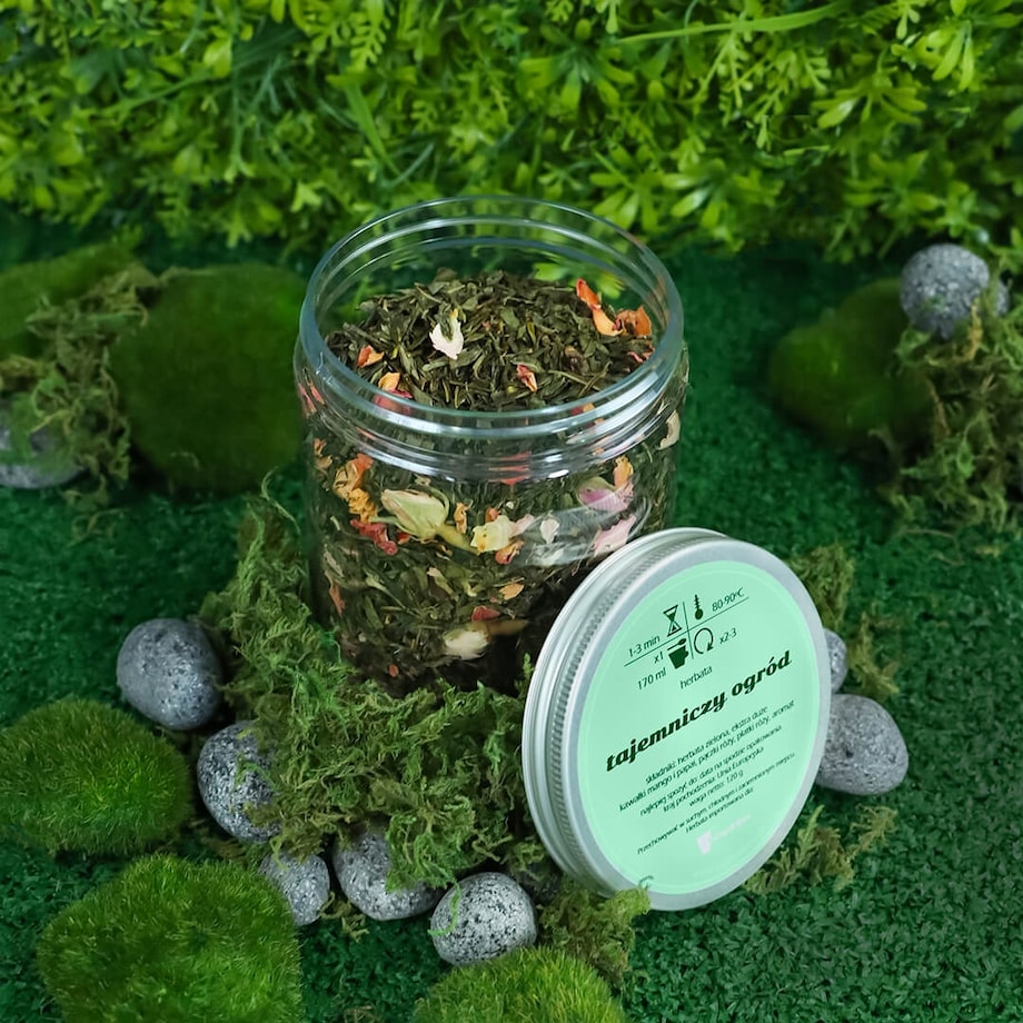 Herbata zielona sypana TAJEMNICZY OGRÓD o smaku świeżych owoców PREMIUM - herbata liściasta sypana mieszanka napar susz - gotowa na prezent upominek