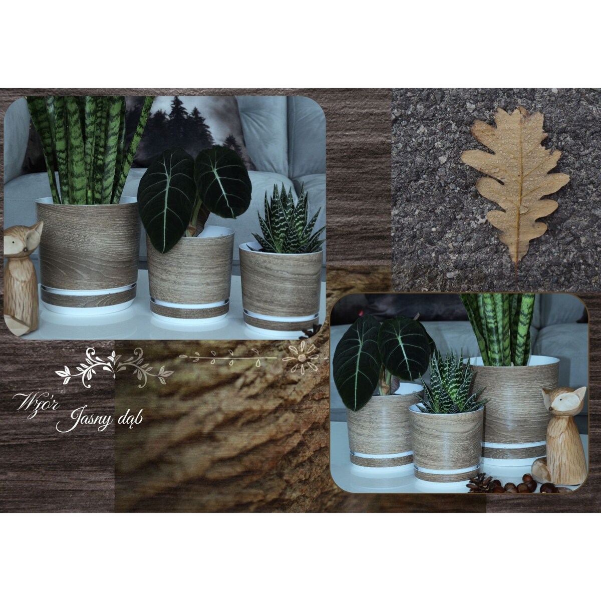 26 cm wzór JASNY DĄB Doniczka z podstawką imitacja dębowej deski drewna styl naturalny drewnopodobna