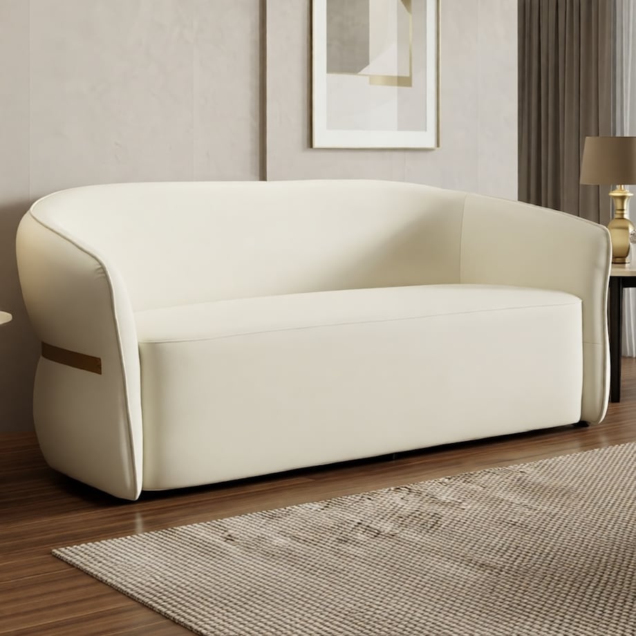 Sofa Minsk, kolor biały i złoty, drewno sosnowe, płyta MDF i poliuretan (PU), 160 x 84 x 77 cm, styl nowoczesny, do salonu, Mauro Ferretti