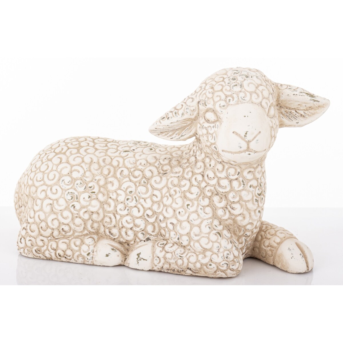 Dekoracja - figurka cementowa OWIECZKA 20x33x13 cm leżąca, z wyciągniętą lewą nóżką