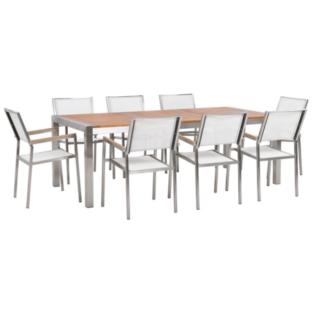 Zestaw ogrodowy stół drewniany eukaliptus i 8 krzeseł białych GROSSETO