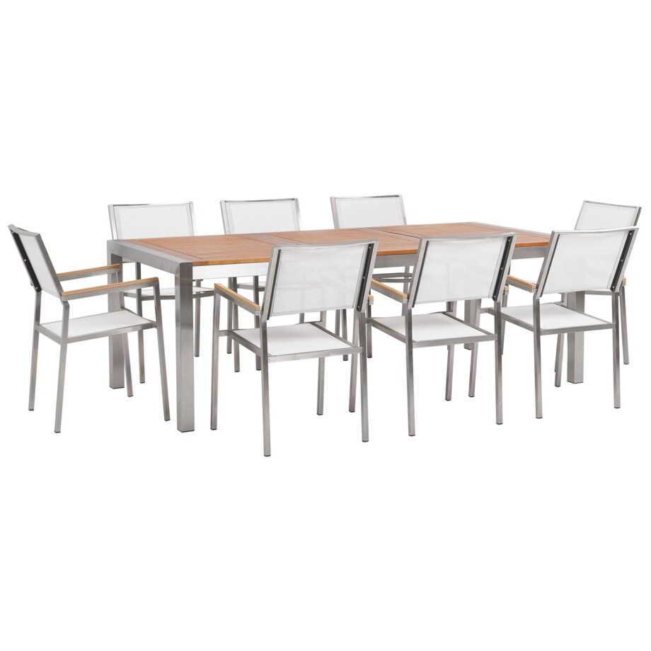 Zestaw ogrodowy stół drewniany eukaliptus i 8 krzeseł białych GROSSETO