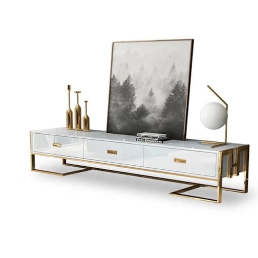 Nowoczesna komoda szafka rtv biała złota nowojorska Exclusive White Premium 180x40x42 / szafka pod telewizor