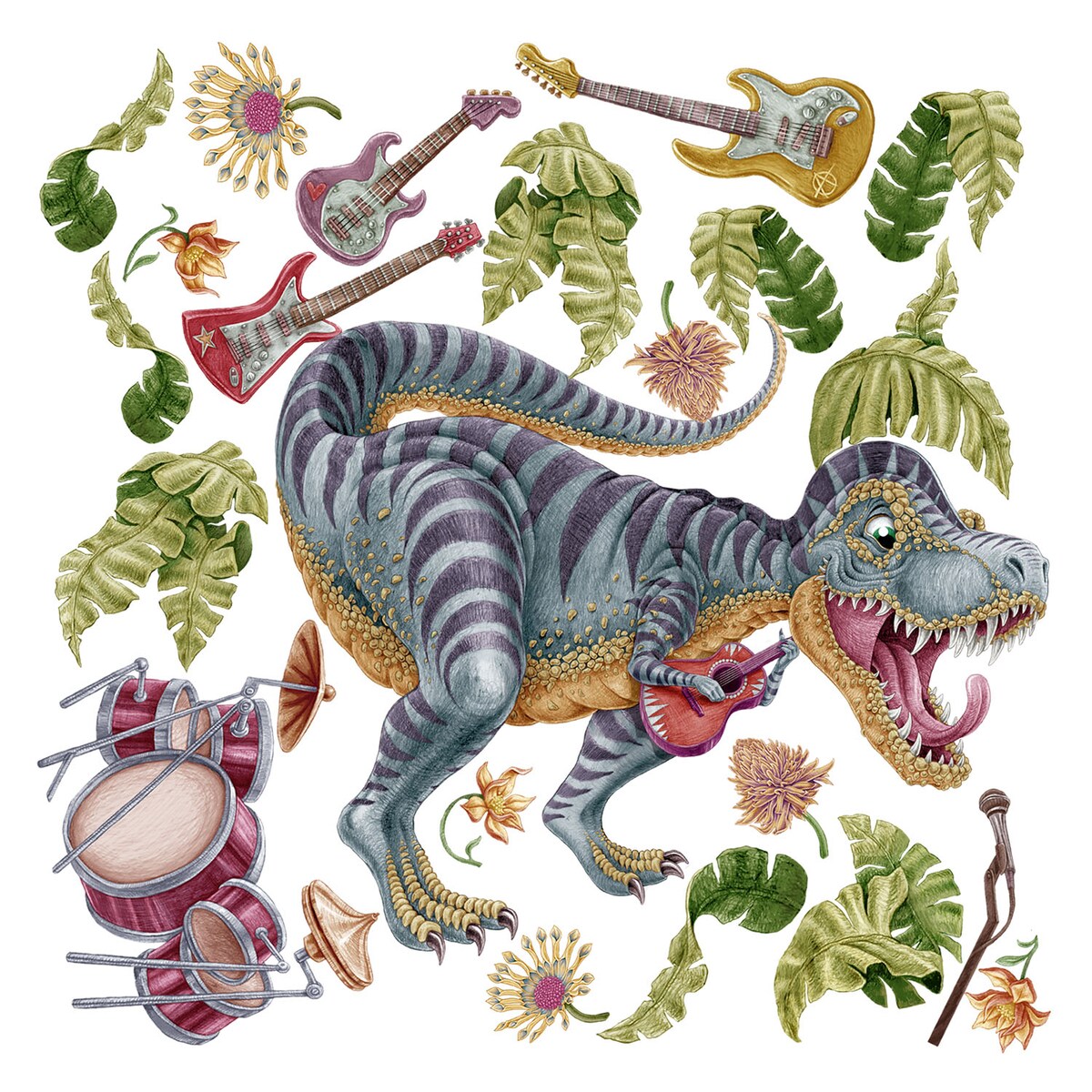 Zestaw naklejek na ścianę, Pastelowy Muzyczny dinozaur, 100cm
