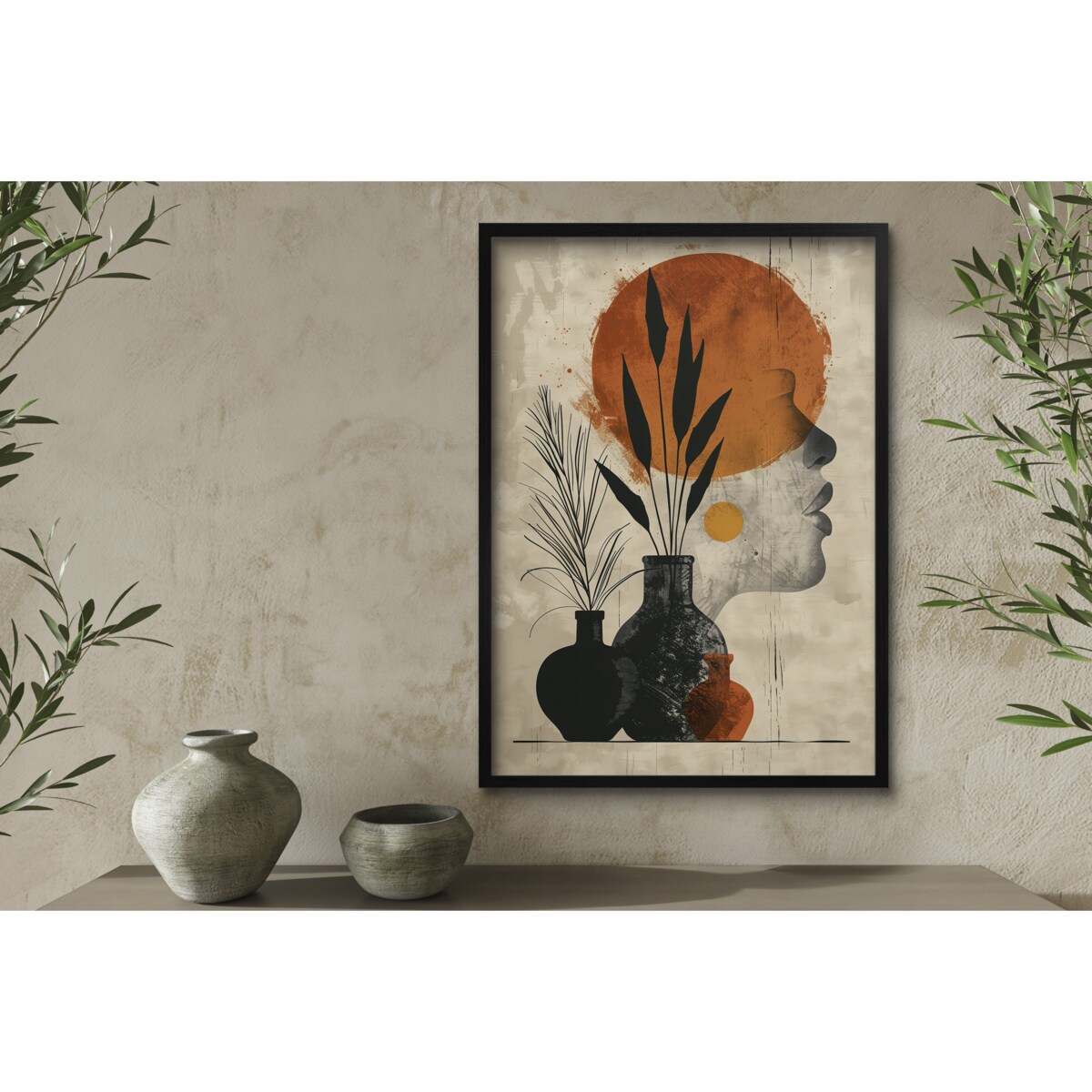 Beżowy Plakat Obraz Nowoczesna Grafika na ścianę do salonu biura Kobieta