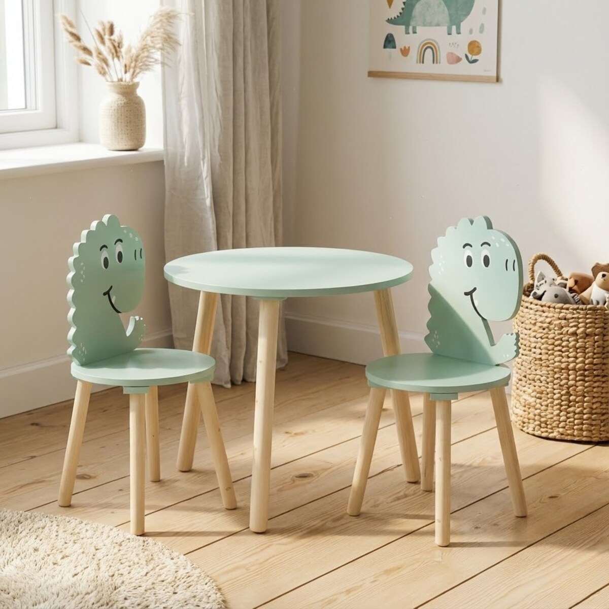 Drewniany stolik z 2 krzesełkami dla dzieci, motyw dinozaura, wys. 50 cm