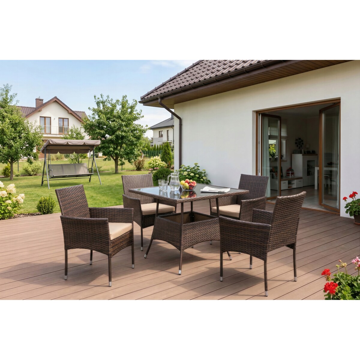 Zestaw Mebli Ogrodowych Na Taras Ogród Stół + 4x Krzesło Brązowy Beż MORADO