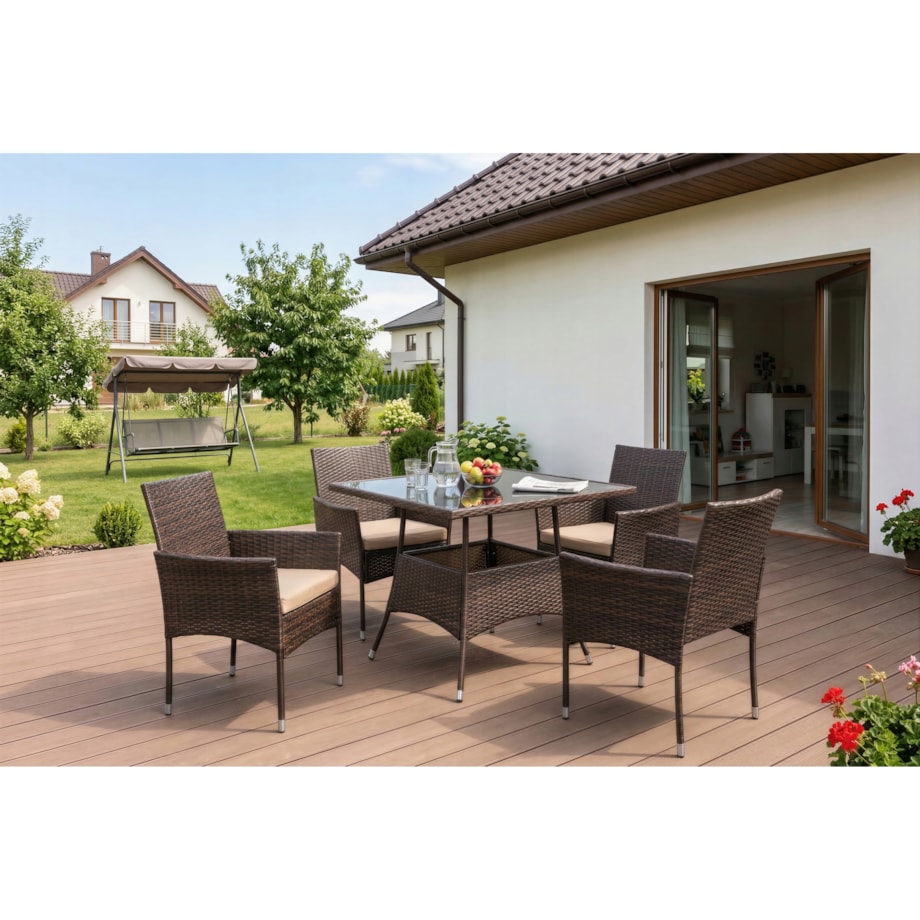 Zestaw Mebli Ogrodowych Na Taras Ogród Stół + 4x Krzesło Brązowy Beż MORADO