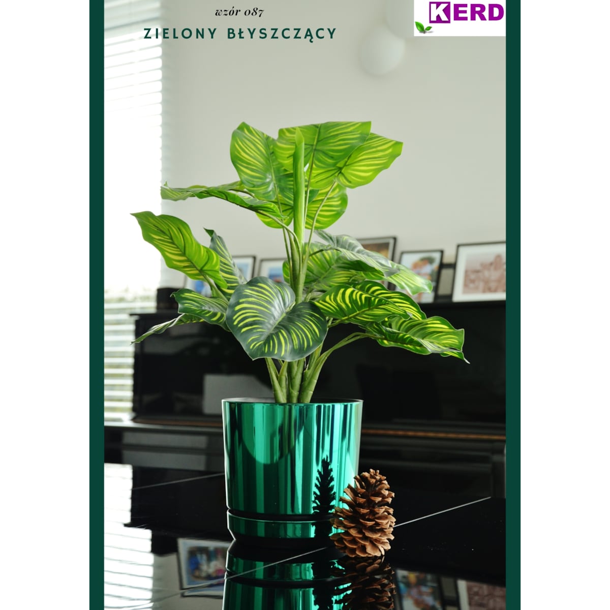 32 cm wzór ZIELONY BŁYSZCZĄCY Doniczka z podstawką nowoczesna glamour wysoki połysk metaliczny duża donica do monstery