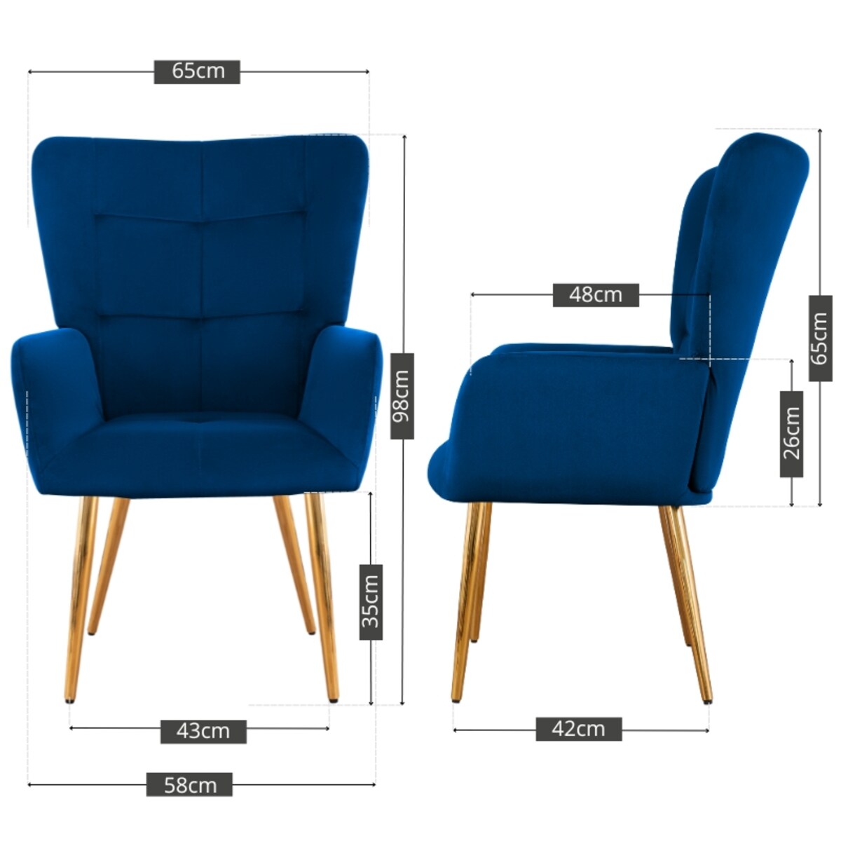 Fotel uszak do salonu wypoczynkowy welurowy tapicerowany granatowy złote nogi