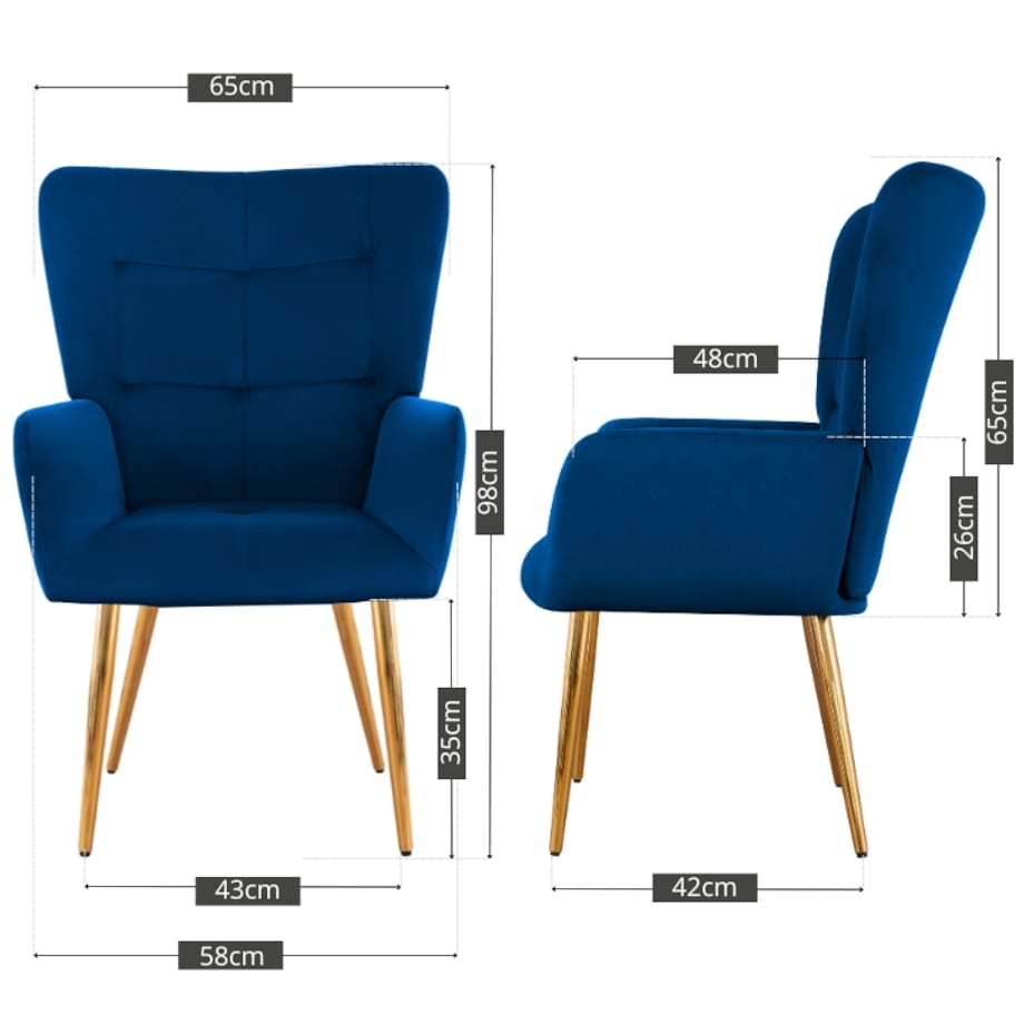 Fotel uszak do salonu wypoczynkowy welurowy tapicerowany granatowy złote nogi