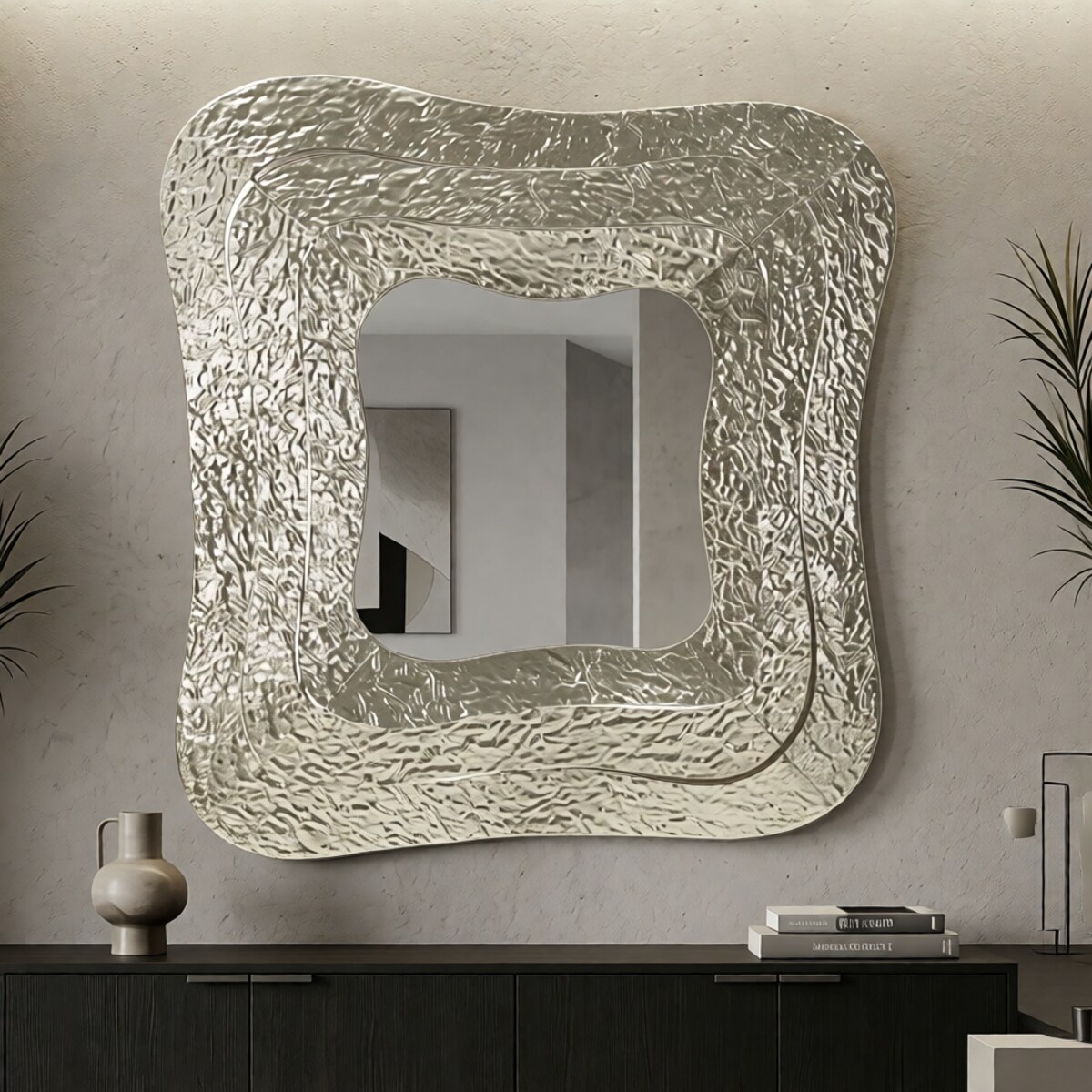 Lustro ścienne Aury, kolor srebrny, metal, 74 x 7 x 79 cm, kształt kwadratowy, do salonu i przedpokoju, Mauro Ferretti