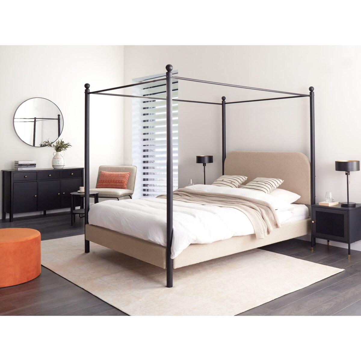 Łóżko z baldachimem Boucle DANNEMOIS 140 x 200 cm Beżowoszary