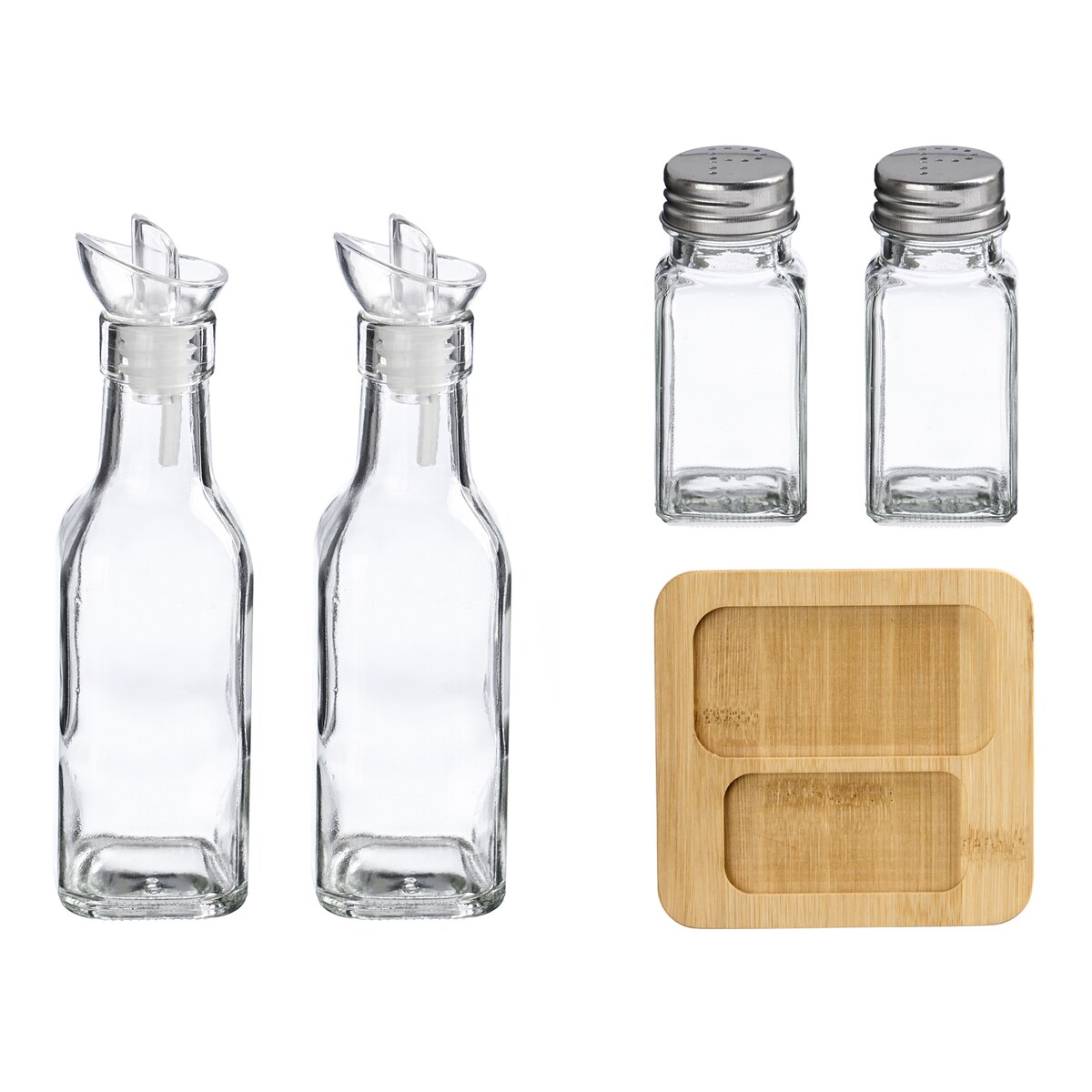 Zestaw do przypraw i oleju z drewnianą podstawą, 4 elementy