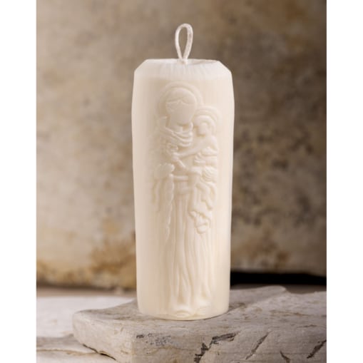 Świeca sojowa w kolorze ecru z motywem świętego Józefa z Dzieciątkiem – świeca religijna