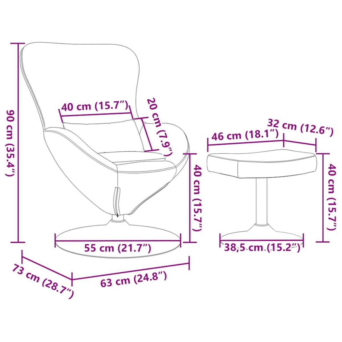 vidaXL Fotel Jajko z Podnóżkiem Fioletowy 63 x 73 x 90 cm Aksamit