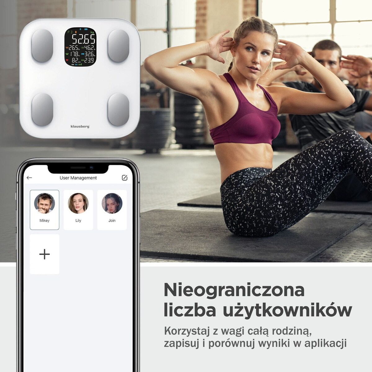 Waga łazienkowa z pomiarem tkanki tłuszczowej i składu ciała, Smart, BT, KLAUSBERG biała