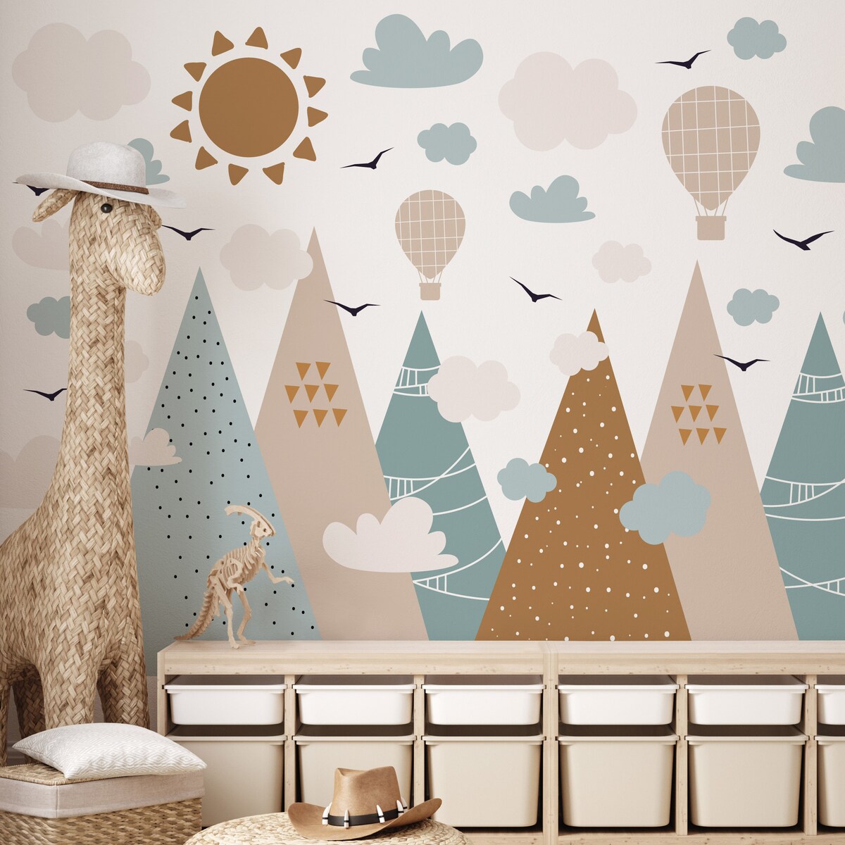 ZESTAW NAKLEJEK NA ŚCIANĘ DLA DZIECI KOLOROWE GÓRY CHMURY PTAKI STYL BOHO