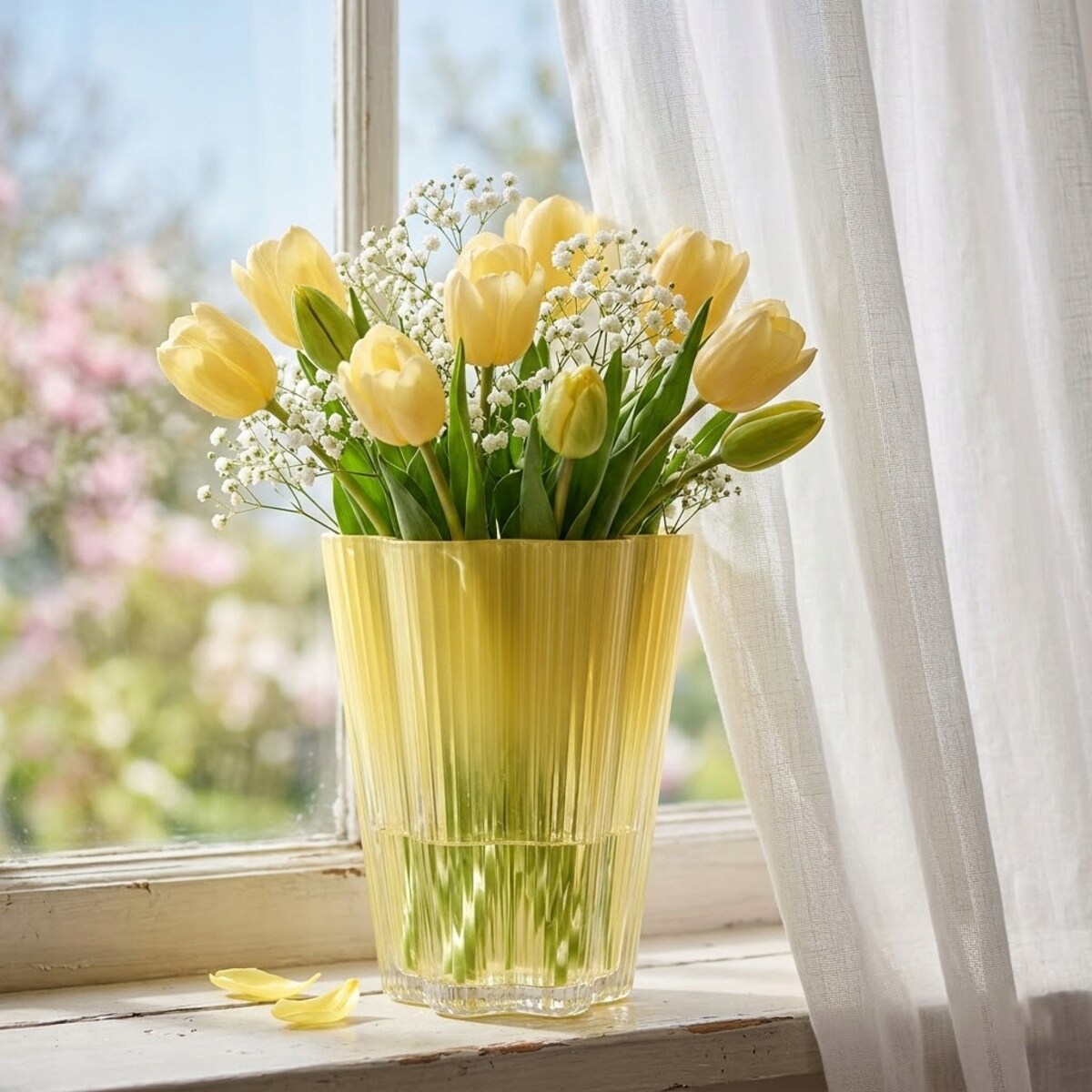 WAZON SZKLANY 20cm ŻÓŁTY NA KWIATY BUKIET RÓŻE DO SALONU DOMU BOHO RETRO