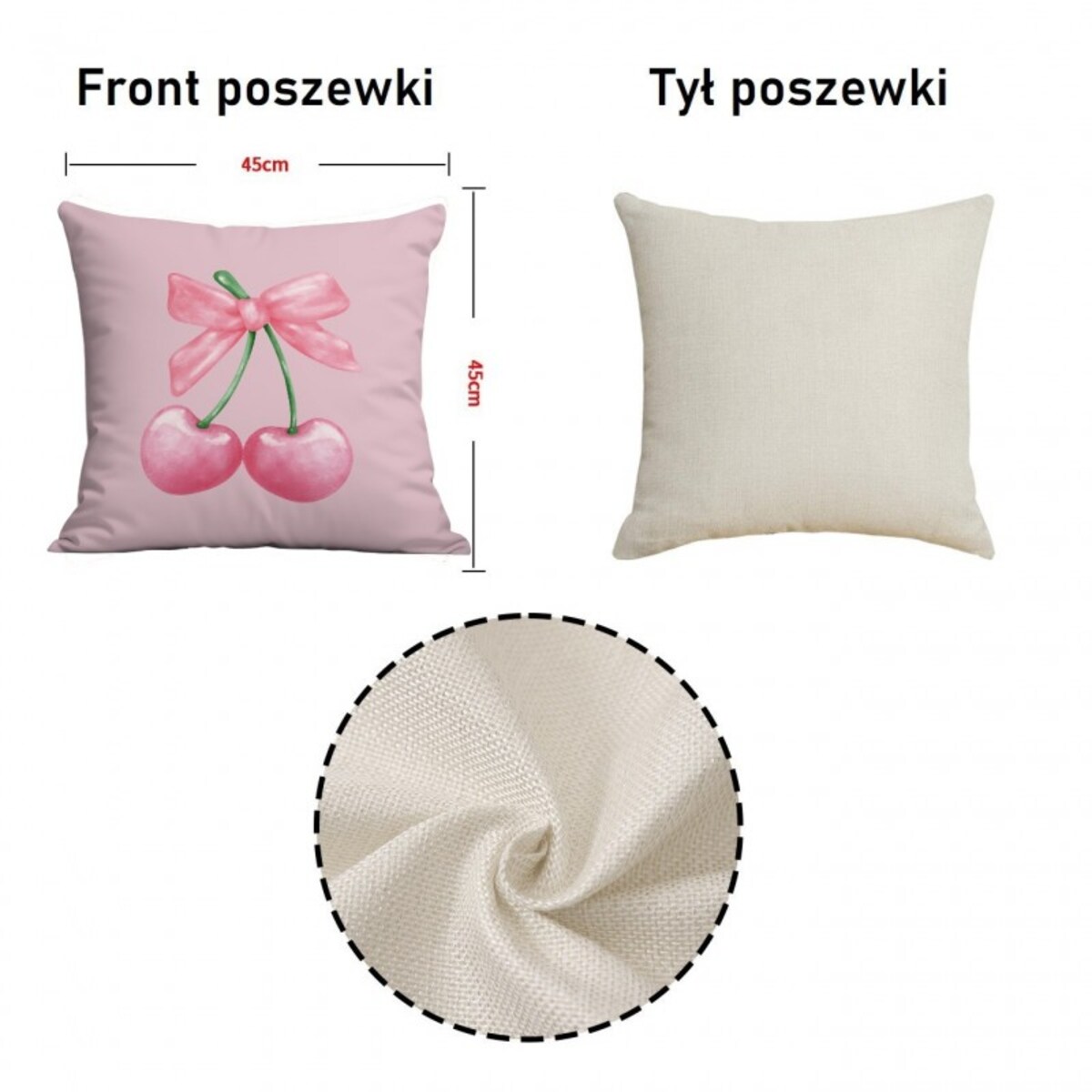 Poszewka na poduszkę 45 x 45 cm WIŚNIE i KOKARDA różowa POD229