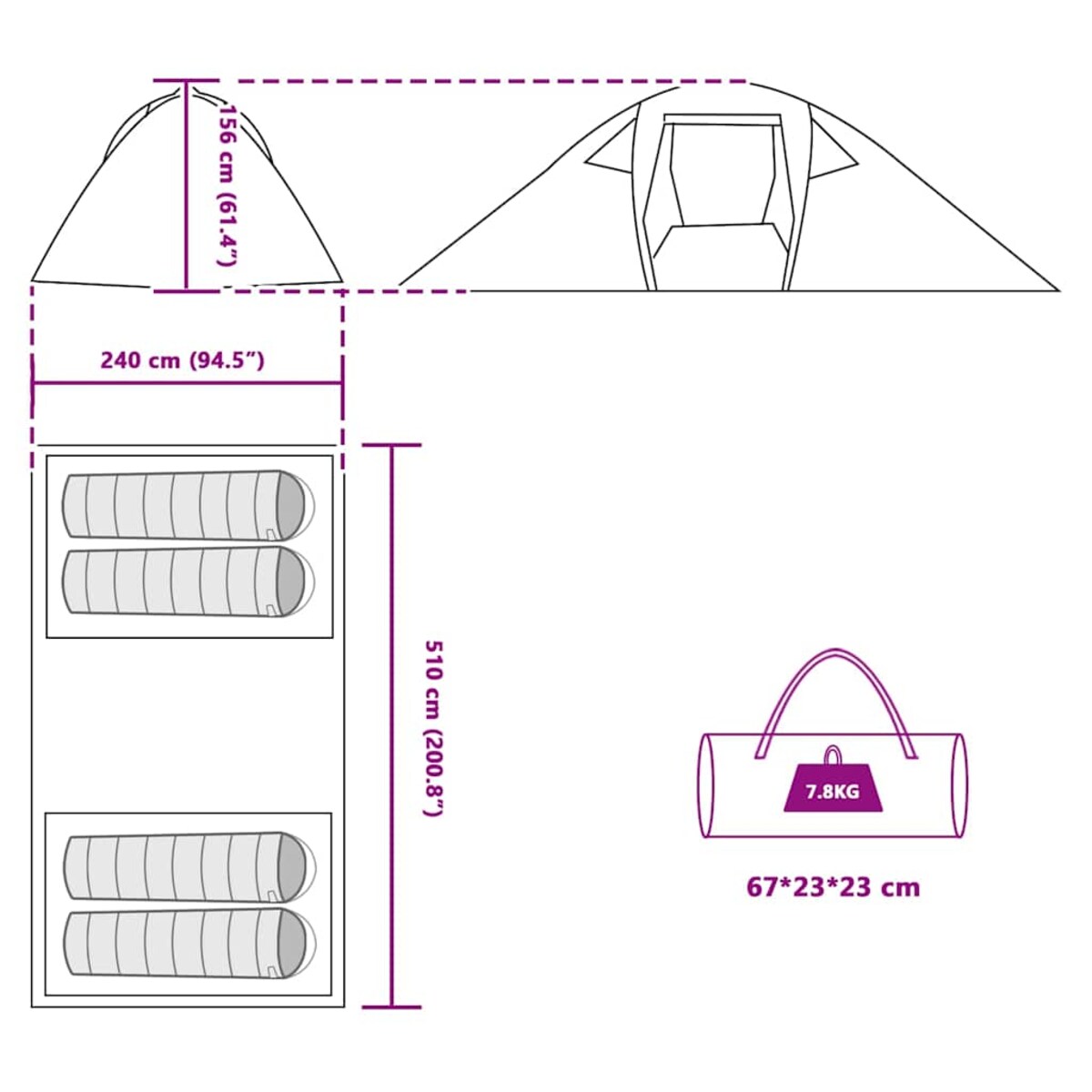vidaXL Namiot z dachem Zielony i Czarny 510 x 240 x 156 cm Poliester