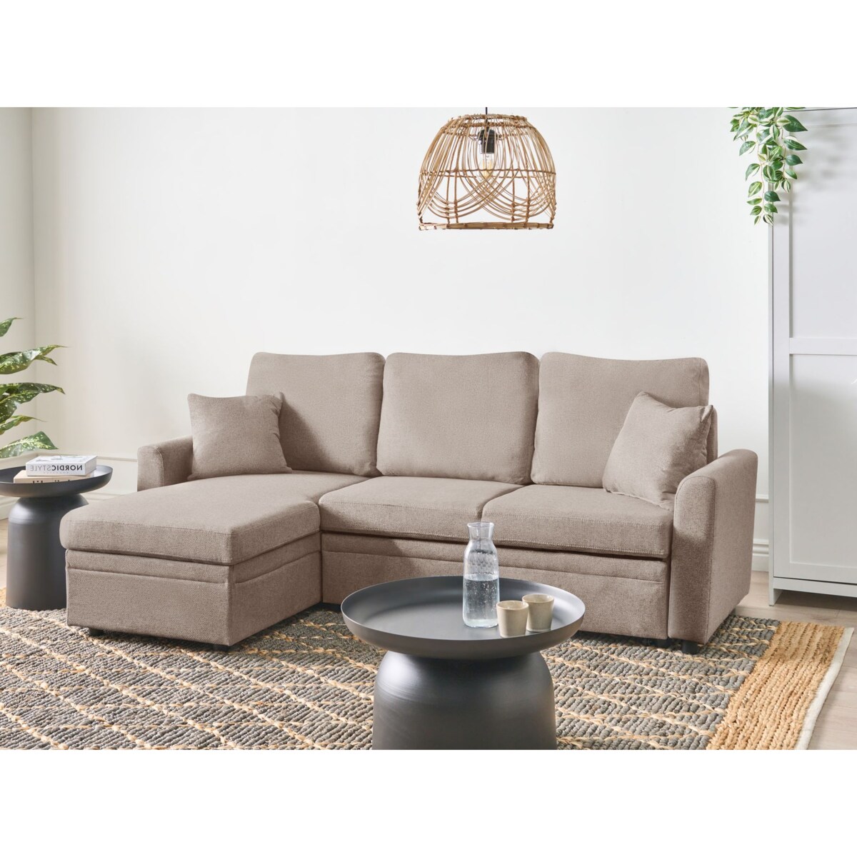 Narożnik rozkładany NASSJO Len syntetyczny Jasnobrązowy dla 3 osób Prawostronny