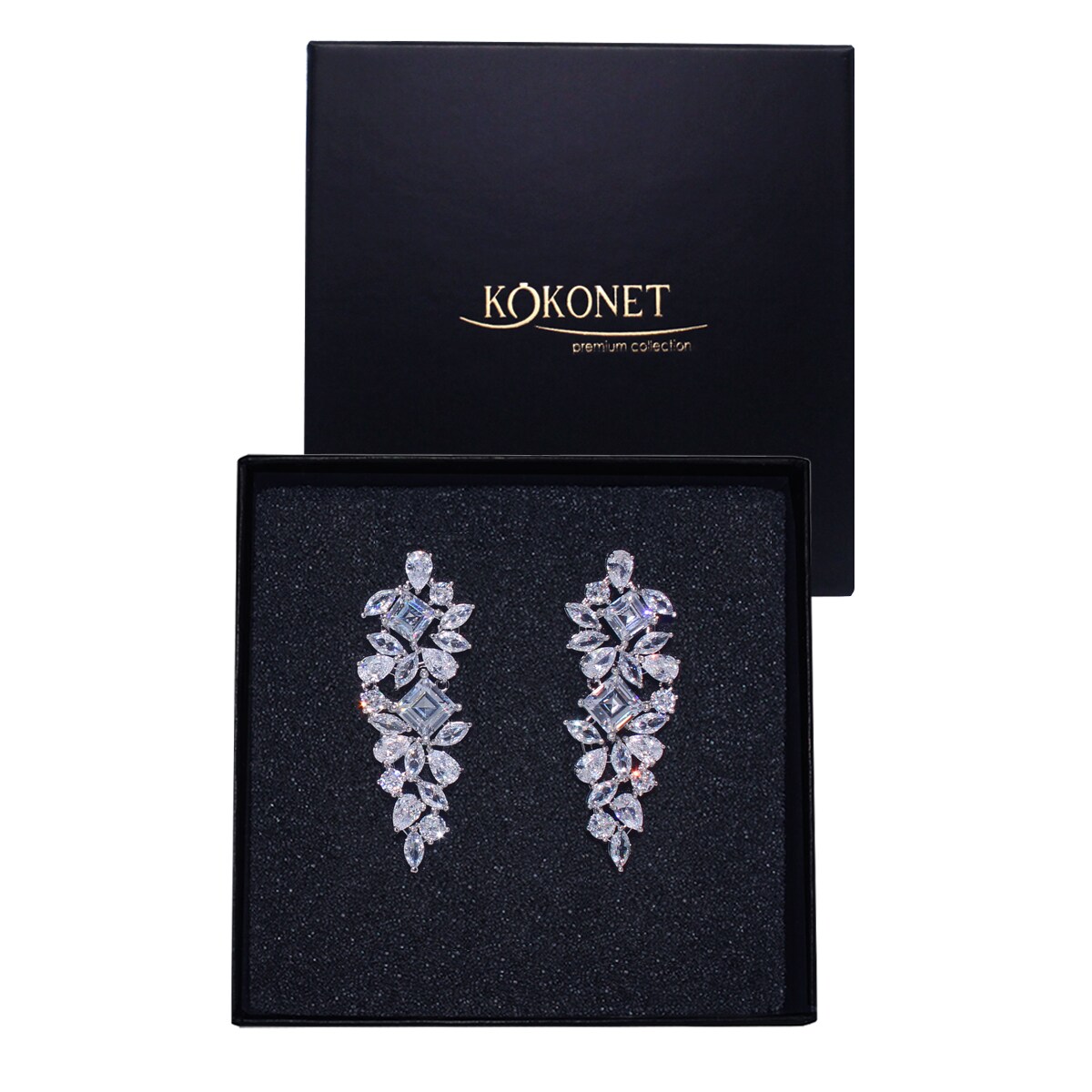 OZDOBNE kolczyki z cyrkoniami srebrne efektowne swarovski w pudełku ślub