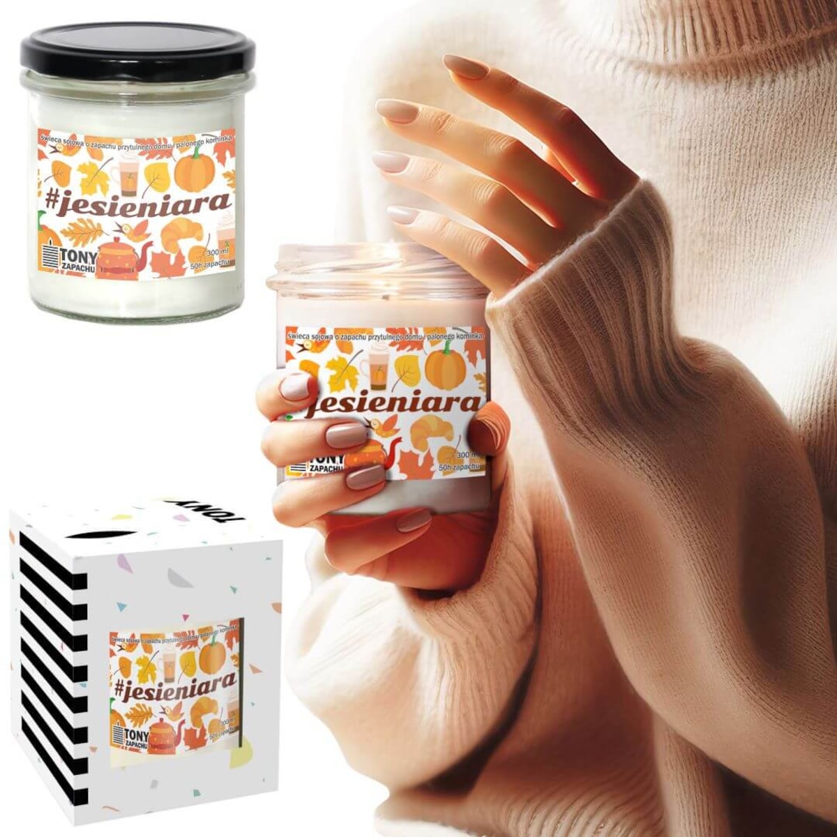 Naturalna świeca sojowa #JESIENIARA o zapachu pieczonego ciasta w szklanym naczyniu, prezent dla najbliższych, 300ml, na chłodne jesienne wieczory