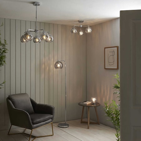 Szklana lampa podłogowa Dimple 97978 Endon kula przydymiona chrom