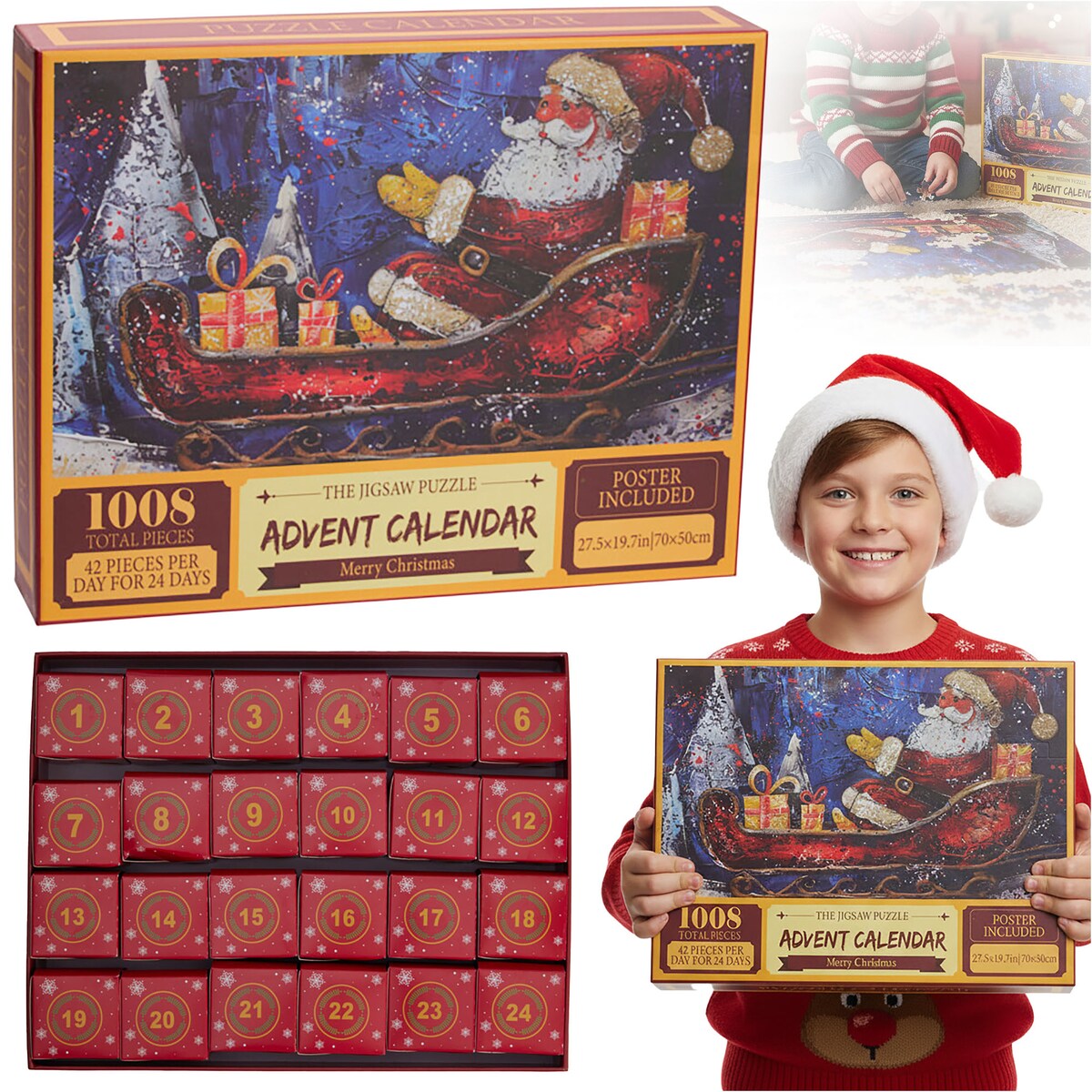 Kalendarz Adwentowy Puzzle Świąteczne Prezent 1008 Elementów Sanie Mikołaja