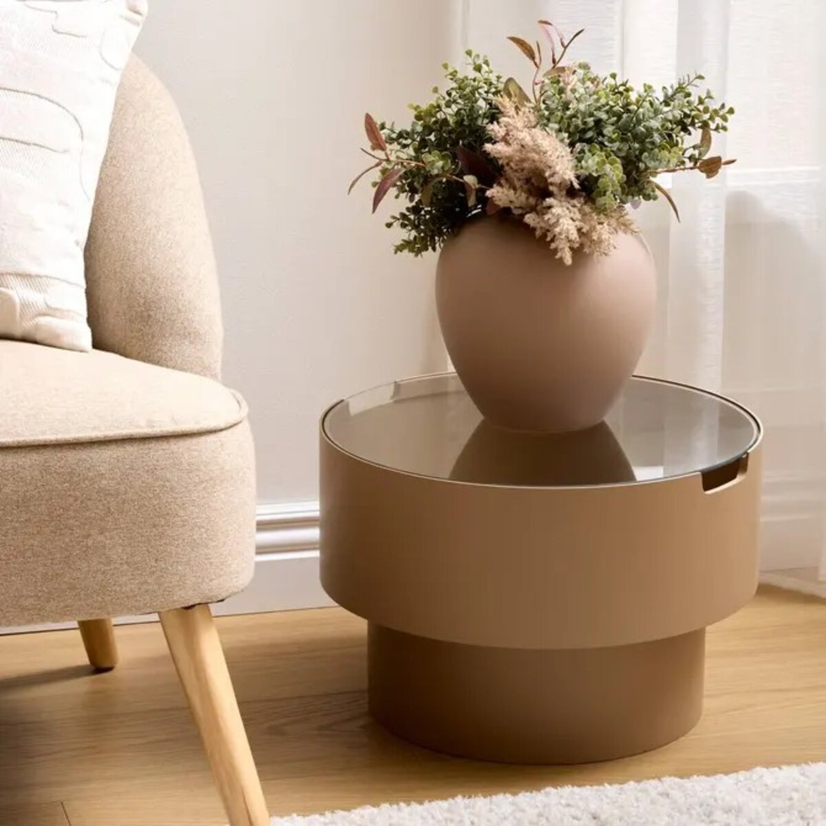 Stolik pomocniczy, boczny, Ø45 cm, MDF, kawa z mlekiem, Karun