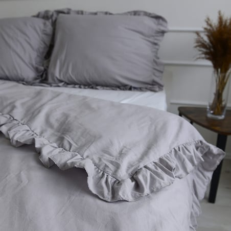 Pościel Bawełniana Z Falbanką Zestaw Komplet Do Sypialni Jasnoszara Dziecięca 140X200 Cm + Poduszka 70X80 Cm