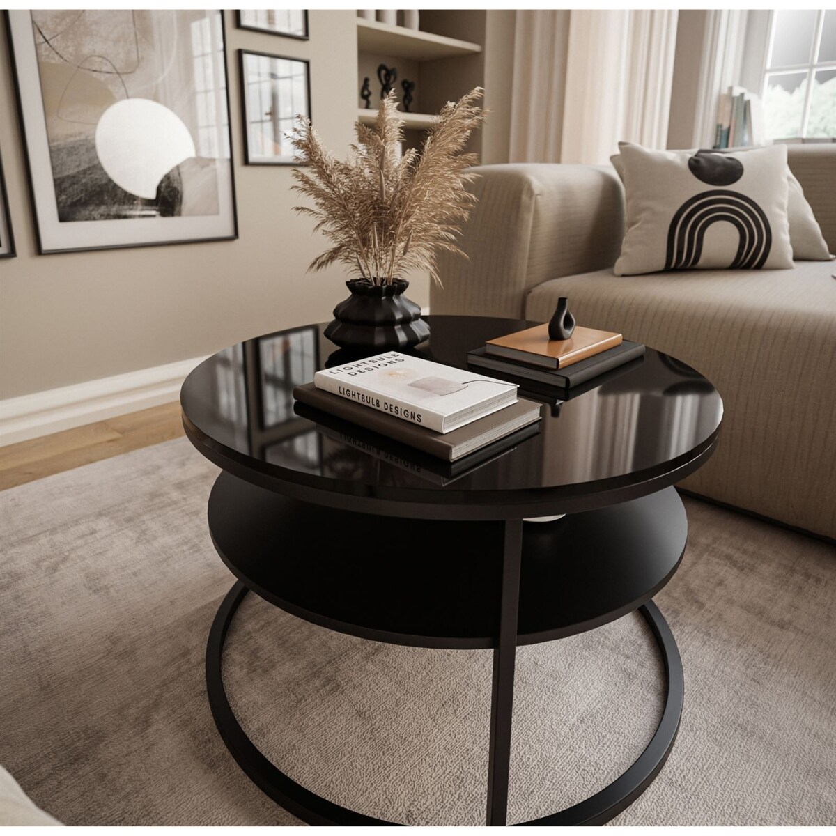 Stolik kawowy CIRI z półką czarny połysk