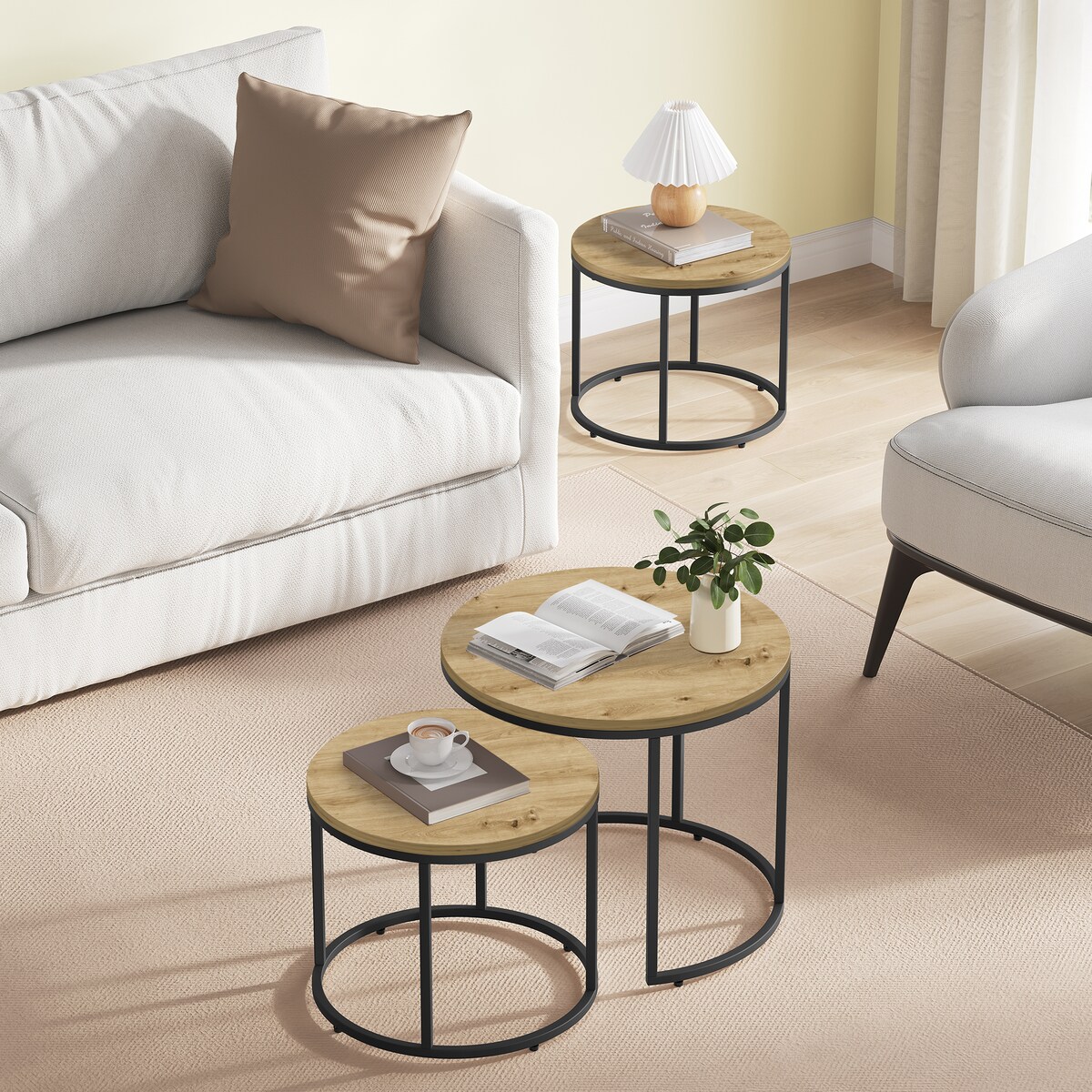 Stolik Kawowy Okrągły elegancki idealny do salonu 2 Sztuki - Artisan / Nogi Czarne