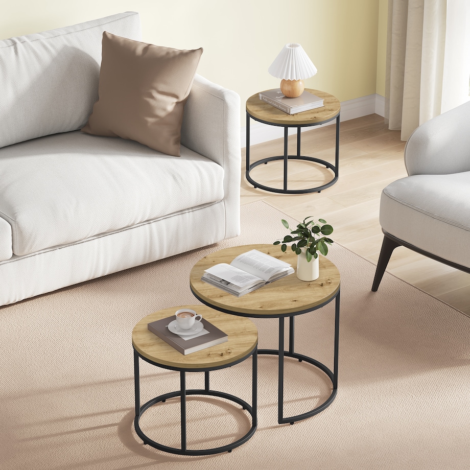 Stolik Kawowy Okrągły elegancki idealny do salonu 2 Sztuki - Artisan / Nogi Czarne