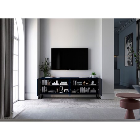 Komoda RTV Glamour Nowoczesna Szafka RTV Granatowy Mat Czarna Rama Metalowa 300 cm