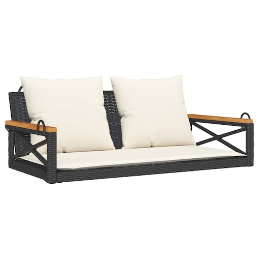 vidaXL Ławka bujana z poduszkami, czarna, 109x62x40 cm, polirattan