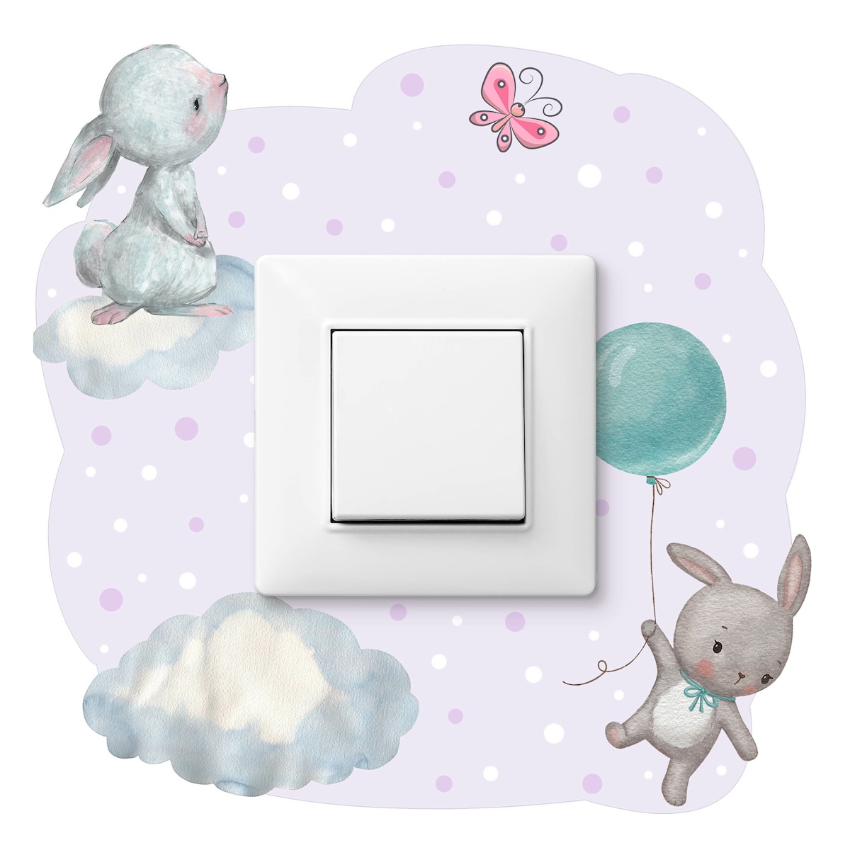 Naklejka Pod Kontakt Do Pokoju Dzieci Króliczki Kropki Groszki Chmury Motyl 20x20cm