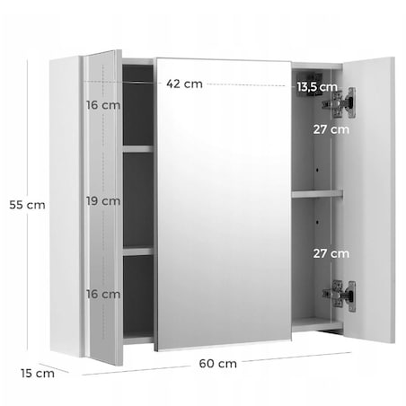 Wisząca szafka łazienkowa ścienna z trójdzielnym lustrem nowoczesna 60 cm