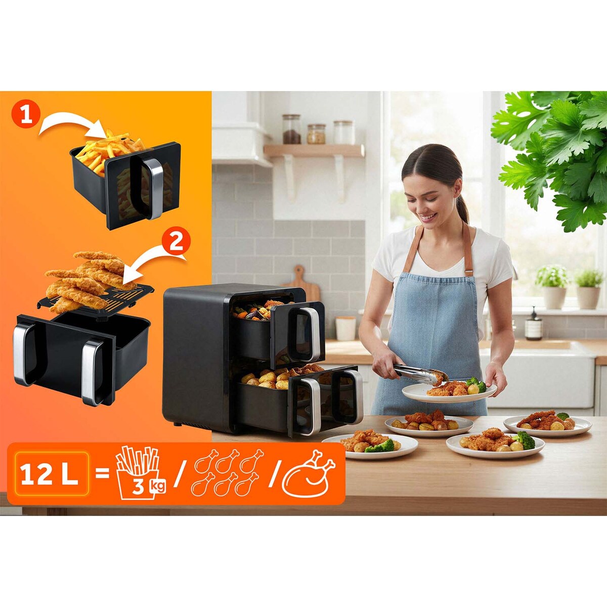 Frytkownica beztłuszczowa Berdsen BD-664 dwukomorowa pionowa 12L Air Fryer 2800W