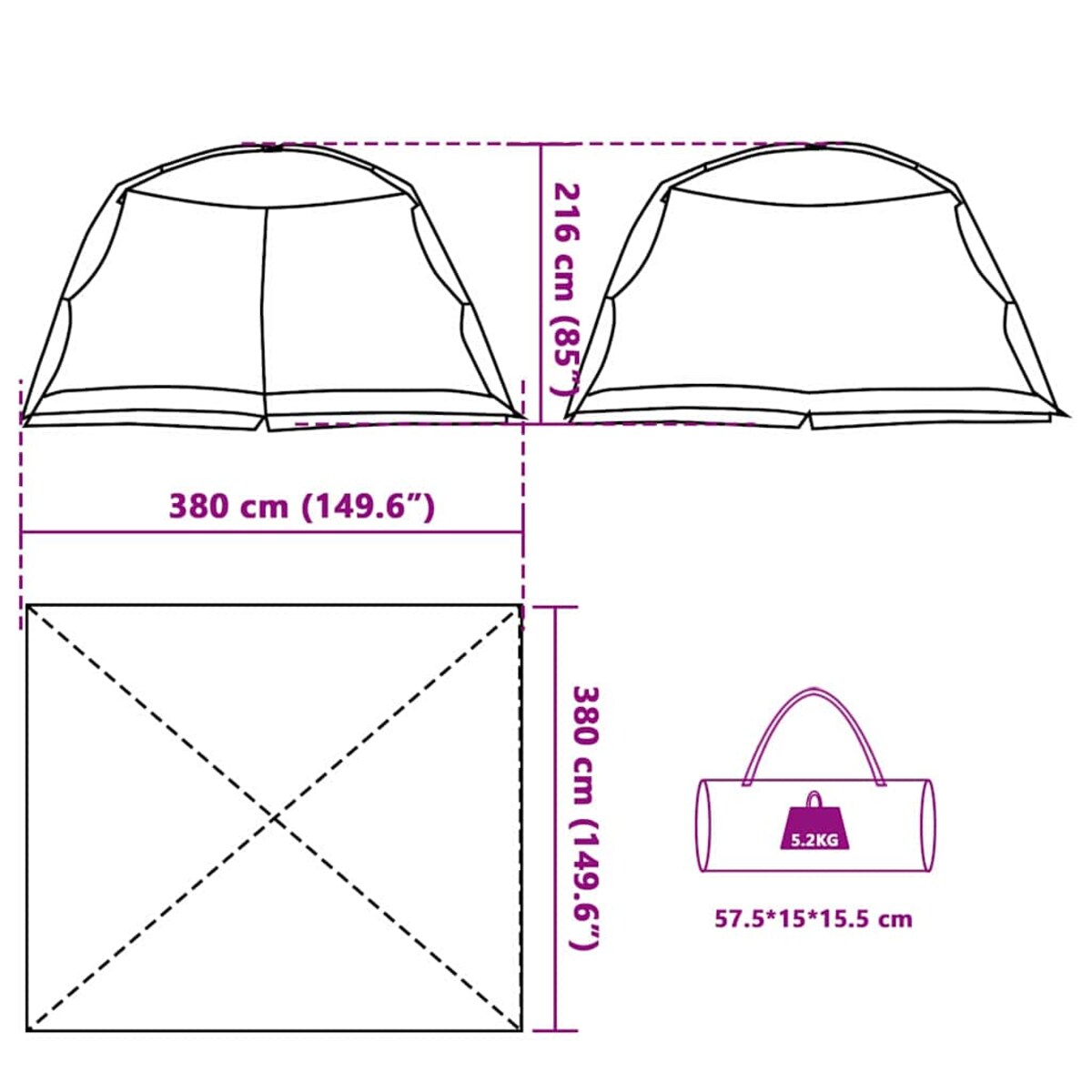 vidaXL Namioty z dachem Szary 434 x 434 x 230 cm Poliester