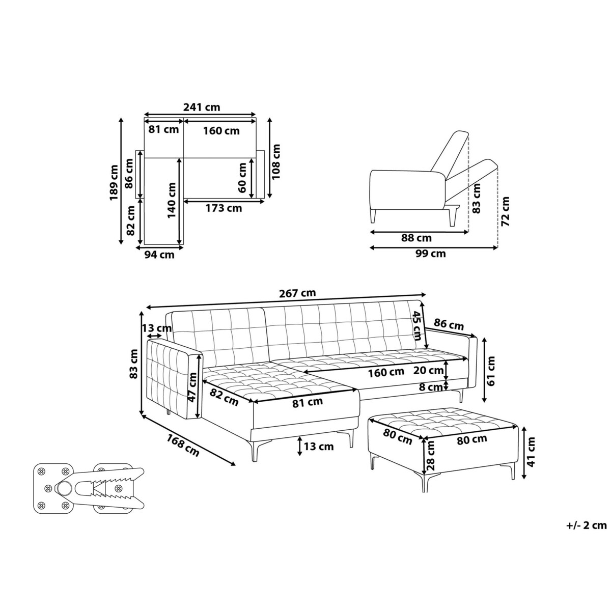Sofa rozkładana prawostronna welurowa z otomaną niebieska ABERDEEN