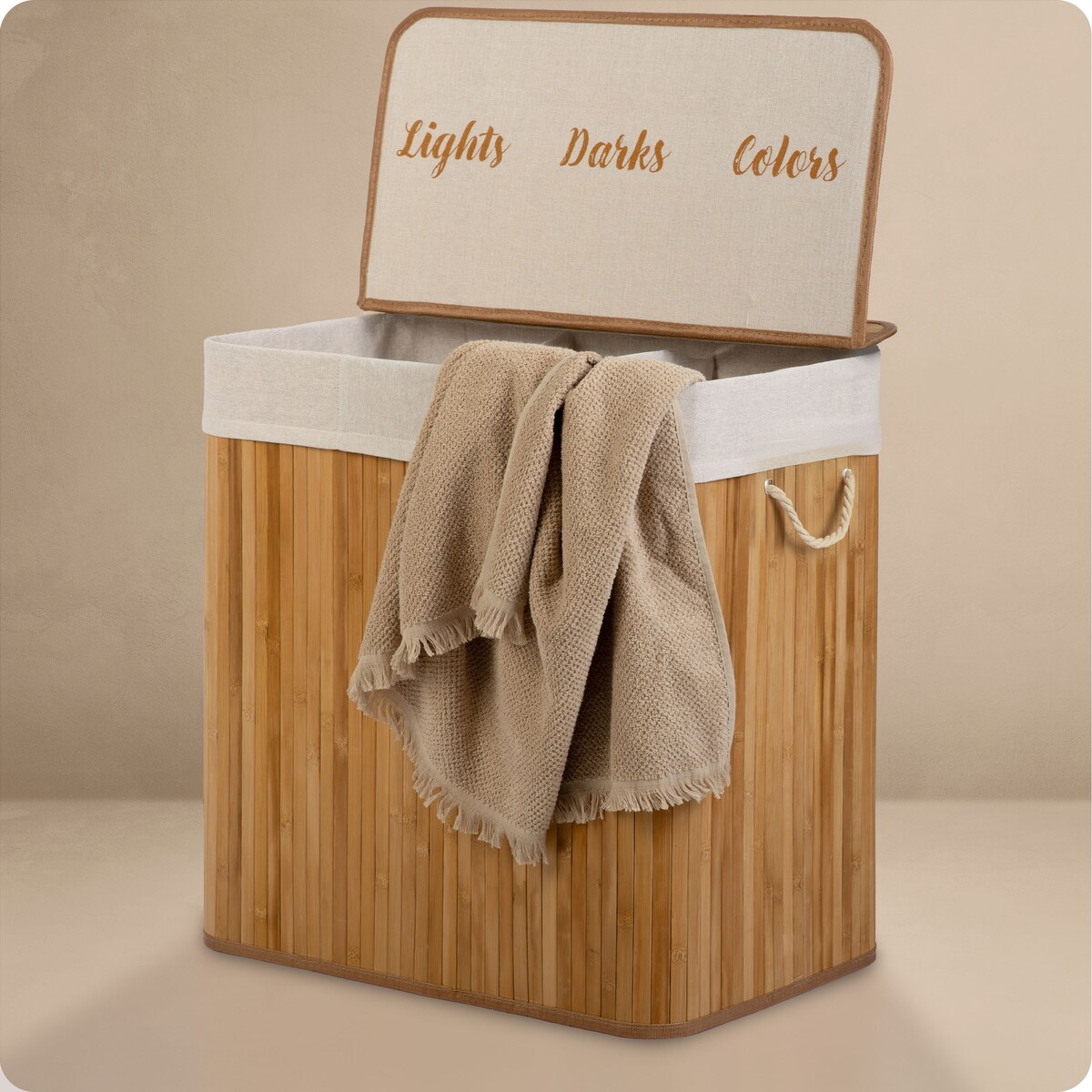 Massido, bambusowy kosz na pranie z pokrywą 150l, naturalny beżowy trzykomorowy 61x62x42 cm