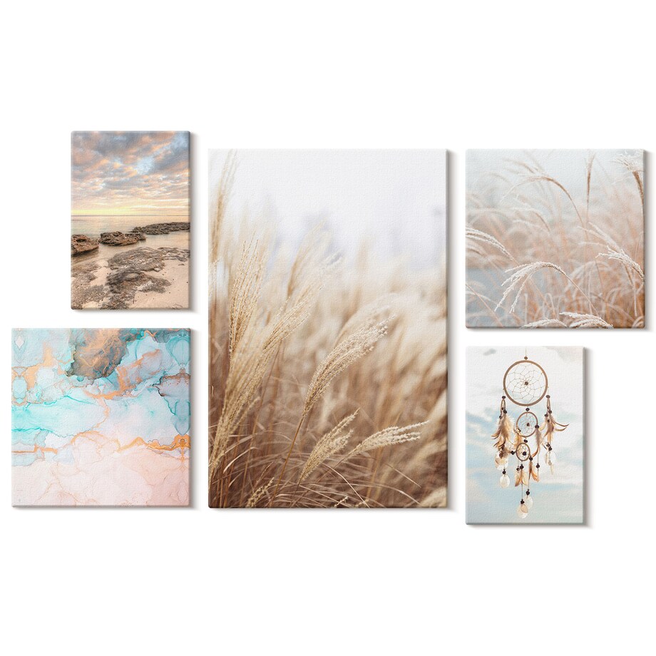 Zestaw 5 obrazów na płótnie - Naturalne pejzaże boho etno - beżowy