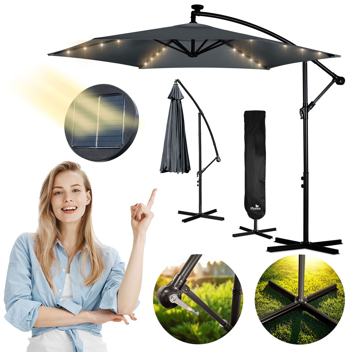 Parasol ogrodowy duży składany pokrowiec lampki led ø 350cm Plonos