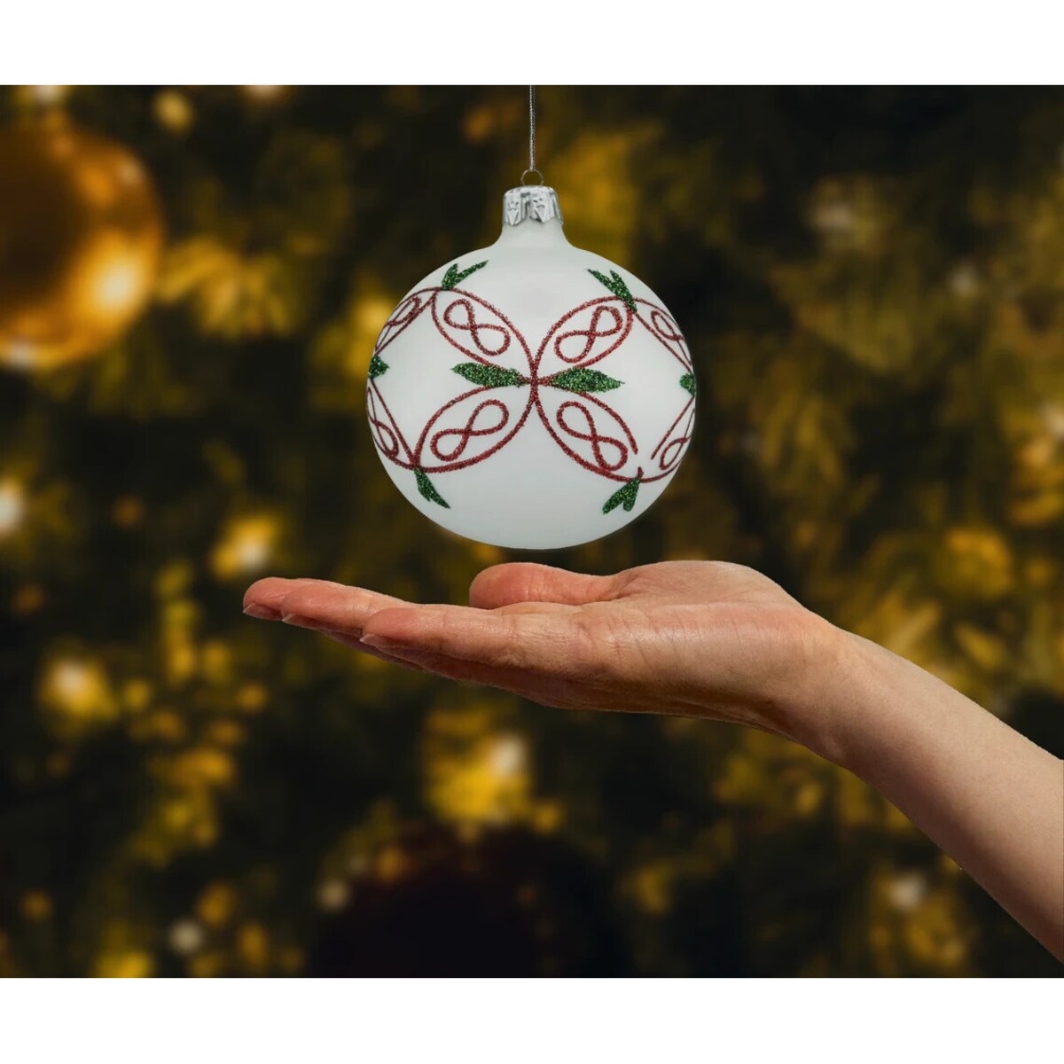 Bombki okrągłe białe: czerwono-zielony ornament