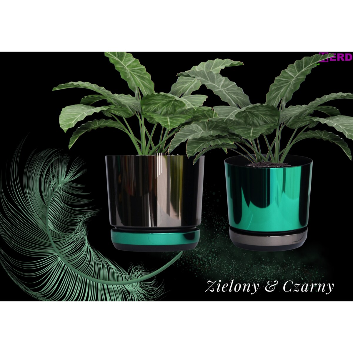 26 cm wzór ZIELONY BŁYSZCZĄCY Doniczka z podstawką nowoczesna glamour wysoki połysk metaliczny idealna do monstera orchidea