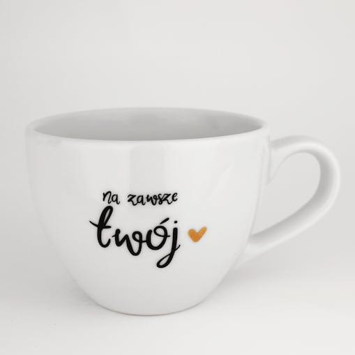 Biały Kubek Porcelanowy 500 ml - Napis Na Zawsze Twój ze Złotym Sercem dla Partnera na Walentynki