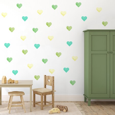 Naklejki Na Ścianę Dla Dzieci Akwarelowe SERDUSZKA Zielone Serca ZESTAW